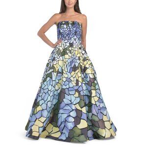 TERANI BLUE MULTI Strapless Mosaic Print Gown